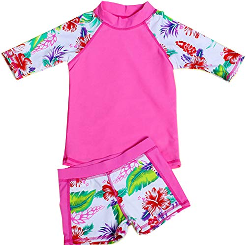 HDOBHIO Baby Toddler Girls Swimsuit Rashguard Set Flower Tankini (Pink, Tag XL/4-5Years)