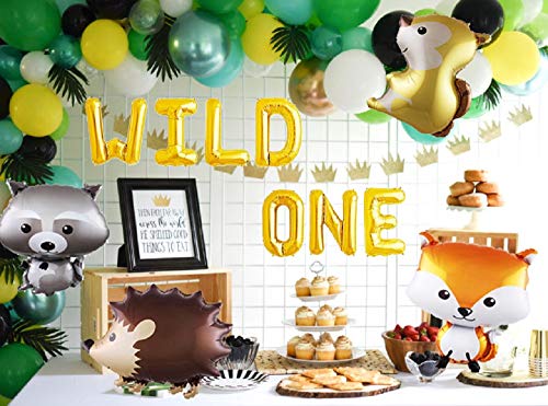 LaVenty Set of 5 Wild One Balloons Woodland Party Supplies Animal Birthday Balloons Woodland Animals Banner Forest Animal Friends Themed Balloons Woodland Animals Baby Shower Birthday Party Decorations
