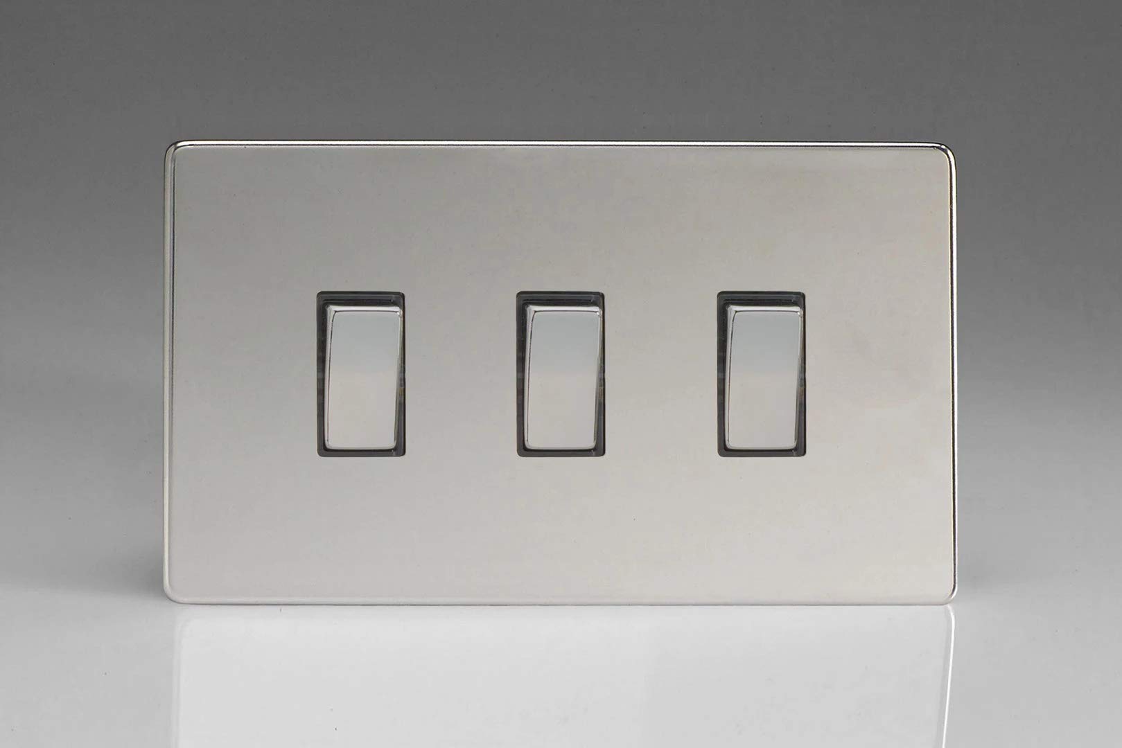 Varilight 3-Gang 10A 1- or 2-Way Rocker Light Switch (Twin Plate) Polished Chrome XDC93S, 86x147x25mm
