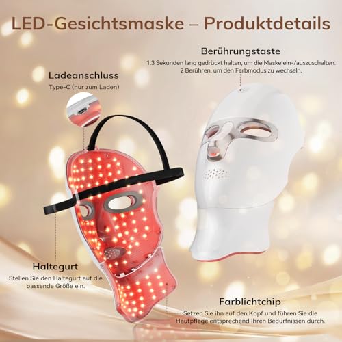 ONLUKY LED Face Mask Anti-Ageing, Rechargeable Red Light Therapy Mask Face with Infrared, USB-C Charging, 120 LED Beads, No Power Cable for Home, Travel and Yoga (Including Neck Attachment), Silver