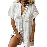 CHARTOU Women Summer Shorts Romper Button Down Wide Leg Cotton Linen Shortalls Jumpsuit