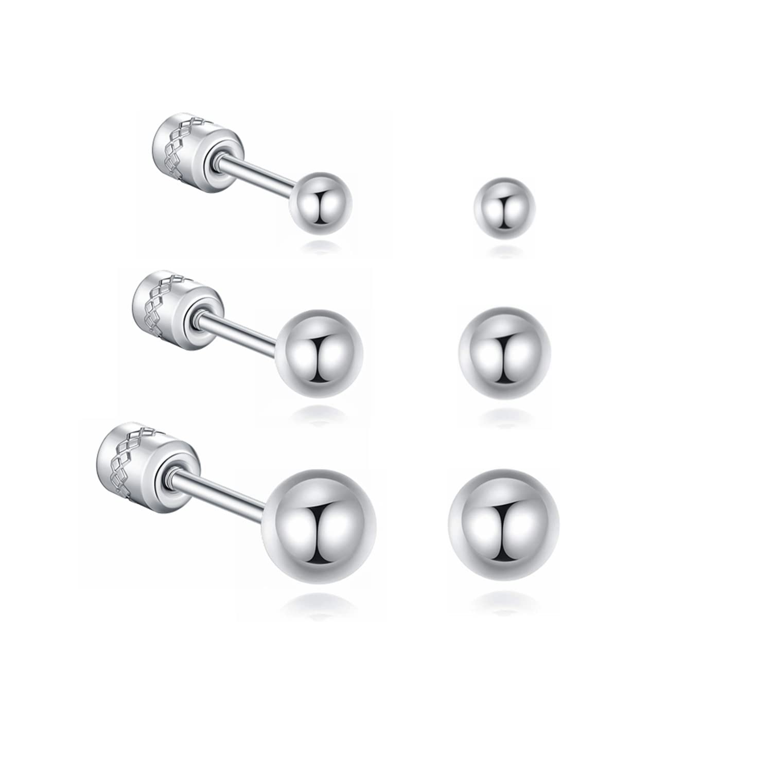 Hopply 3 Pairs Surgical Steel Stud Earrings Set for Women Girls,Hypoallergenic Multiple Tiny Ball Star Circle Simple Geometric Cartilage Helix Earrings Piercing Jewlry (3pairs,Silver,Ball-3/4/5mm)