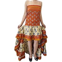 Mogul Interior Womens Hi Low Dress Recycled Silk Feminine Touch Ruffle Tiered Design Flowy Strapless Sundress M/L