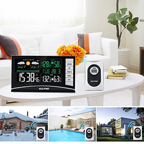 RISEPRO Weather Station, Wireless Weather Station with 3 Sensors in/Out Temperature and Humidity Alarm Clock Calendar Weather Forecaster with Color Led Display RP-WS2003N