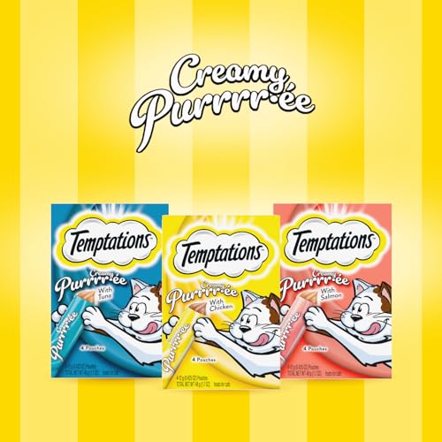 TEMPTATIONS CREAMY PUREE SQUEEZABLE LICKABLE CAT TREATS, WET CAT TREATS WITH SALMON AND CHICKEN VARIETY PACK, 0.42 OZ. TUBES, 16 COUNT