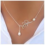 Usstore Women Lady Simple Silver Tree leaf Pearl Pendant Tassel Alloy Short Necklaces