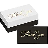 SMOQYKBW 100 Small White + Black 3.5 x 2 Inch Gold Foil Thank You Cards with Free Write On Back, Perfect for Small Business Owners, Weddings, Party Cards and More.