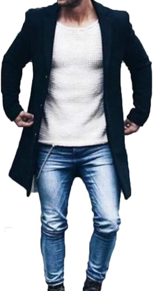 Canrulo Men Trench Coat Wool Slim Fit Notched Collar Overcoat Single Breasted Long Pea Coat Jacket
