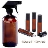 16oz and 10ml (1+4) Spray and Roller Bottle Set, Empty Refillable Amber Glass Bottles, Stainless Steel Roll On Balls, Mist & Streaming Sprayer, for EO, Kitchen, DIY Cleaning or Mosquito Repellent