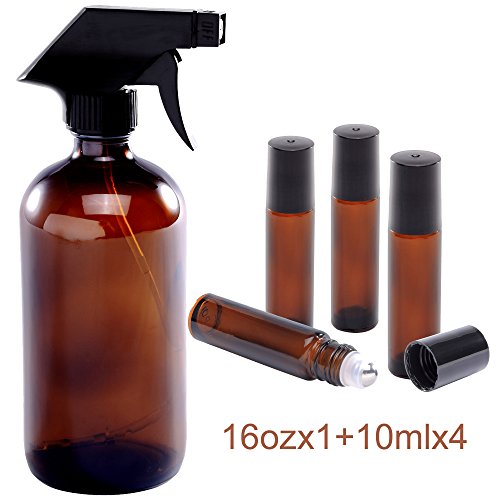 16oz and 10ml (1+4) Spray and Roller Bottle Set, Empty Refillable Amber Glass Bottles, Stainless Steel Roll On Balls, Mist & Streaming Sprayer, for EO, Kitchen, DIY Cleaning or Mosquito Repellent