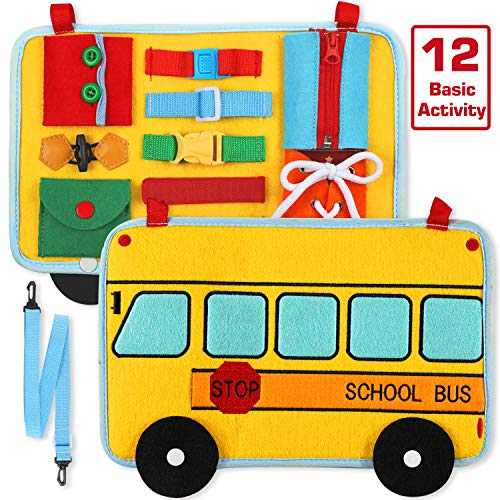 Busy Board, School Bus Style Activity Board(12 Basic Skill), for Fine Motor and Learn to Dress, Early Educational for Preschool Kids Toddler, Sensory Toy for Kindergarten Classroom Airplane Car Travel - Thumbnail 7