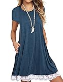 Sanifer Women's Short Sleeve Lace Tunic Dress Summer T-Shirt Dress with Pockets (Large, Blue)