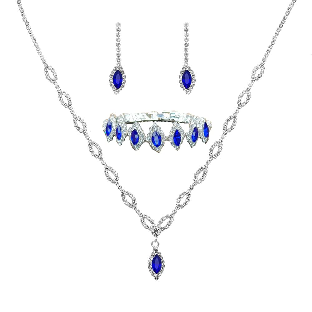 Wedity Bride Wedding Blue Crystal Necklace Earrings Braceset Set Silver Bridal Choker Necklaces Pendant Jewelry for Women and Girls(Pack of 4)