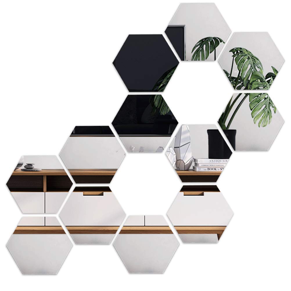 FOCCTS Hexagon Mirror Wall Stickers, 12Pcs Decorative DIY Art Mirrors 3D Hexagonal Mirror Wall Sheets, Used to Decorate Living Room Bedroom 10cm