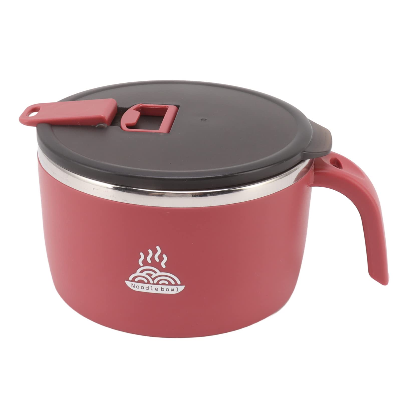 Ramen Bowl, 900ml Double Wall Stainless Steel Rapid Noodle Cooker with Drains, Lid and Handle, Mobile Phone Holder, Ramen Soup Bowl for Noddles, Office College Dorm Room Cooking (Red)