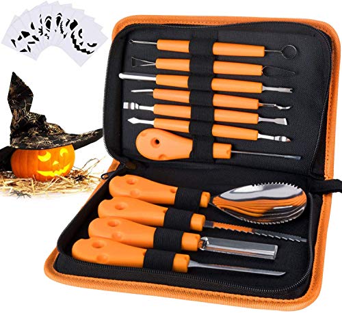 Philonext Halloween Pumpkin Carving Set,Pumpkin Cutting Tools, 11 Pieces Stainless Steel Professional Pumpkin Carving Kit with Carrying Case & 10PCS Carving Templates - Black