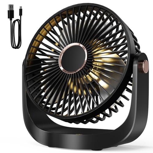 Tragbarer USB Tischventilator Ventilator mit Nachtlicht, 3000mAh Akku, 360° Einstellbar, 5 Geschwindigkeitsstufen, Ultra-Leise Energiesparend, Kompakt für Büro, Zuhause, Reise und Freien