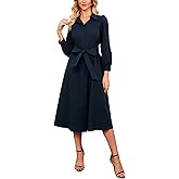 Ladyful Women's Long Sleeve Cotton Midi Shirt Dress Button Down Belted Casual A-line Flowy Tie-Waist Collared Dresses