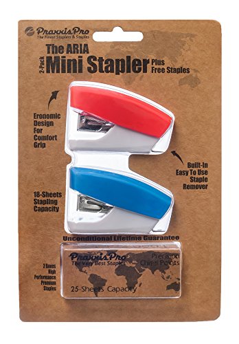 PraxxisPro Stapler Set, Mini Staplers, Built-In Staple Remover, Set of 2 (Blue, Red)