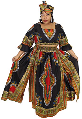 African Planet Women's 3 PC set Crop Top High Slit Elastic Waist Skirt headwrap