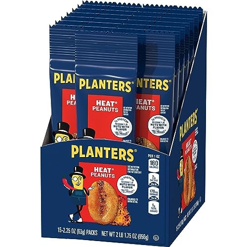 PLANTERS HEAT PEANUTS, SPICY NUTS, SPICY SNACK, SNACKS FOR ADULTS, PARTY SNACKS, PLANT-BASED PROTEIN, SNACKING NUTS, SNACKS ON THE GO, KOSHER, 2.25OZ BAGS (15 PACK)