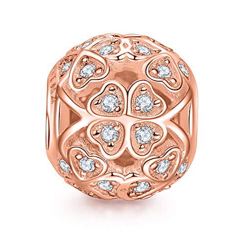 NinaQueen 925 Sterling Silver Lucky Clover Rose Gold Plated Charms for Pandöra Bracelets Pendant&Chocker Necklaces Birthday Anniversary Valentines Gifts For Mommy Women Wife Girlfriend