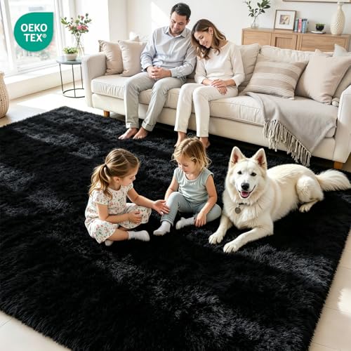 8x10 Area Rug for Living Room, Ultra Soft Fluffy Black Rugs for Bedroom, Non Slip Large Shag Carpet, Fuzzy Plush Nursery Rug, Thick Washable Indoor Floor Carpets for Kids Office Dorm Home Decor