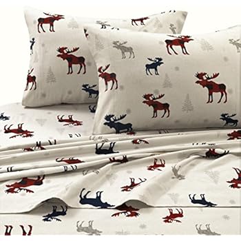Tribeca Living PLRE170SHEETQU Plaid Moose Printed Flannel Deep Pocket Sheet Set, Queen