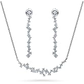 BERRICLE Sterling Silver Cluster Cubic Zirconia CZ Bar Fashion Necklace and Earrings Set for Women, Rhodium Plated