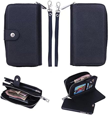 YooGoal Classic Top Grade Fashion Multifunction Unique Styles Premium Litchi Stripe Leather Zipper Wallet Flip Cover Case with Detachable Magnetic &amp; Wrist Strap for iPhone 7 4.7inch - Black