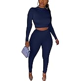 Kaximil Women's Workout Tracksuit 2 Piece Outfits Long Sleeve Crop Top High Waist Legging Pants Set