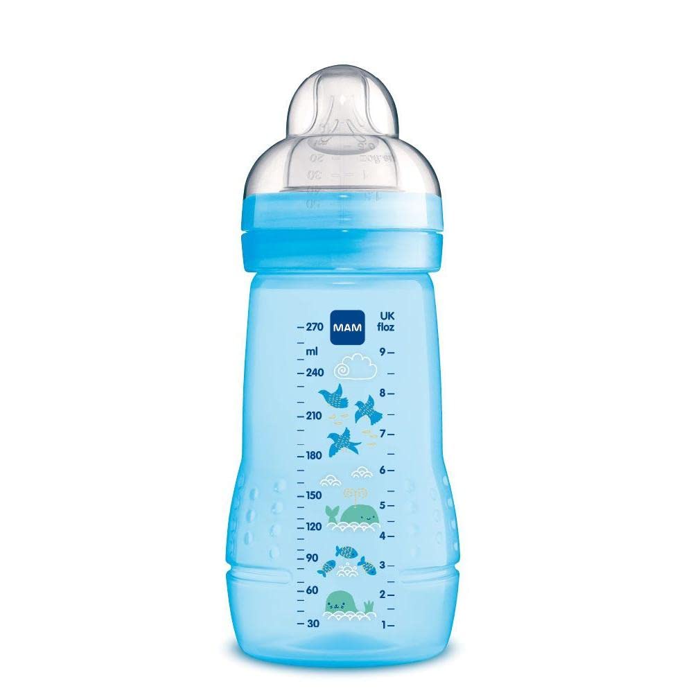 MAM Baby Bottle, 2-4 Months, 270 ml, with Teat 2 Medium Flow Silicone Easy Acceptance, Easy to Hold, Easy to Clean, MAM Easy Active, Bright Blue, Pack of 1