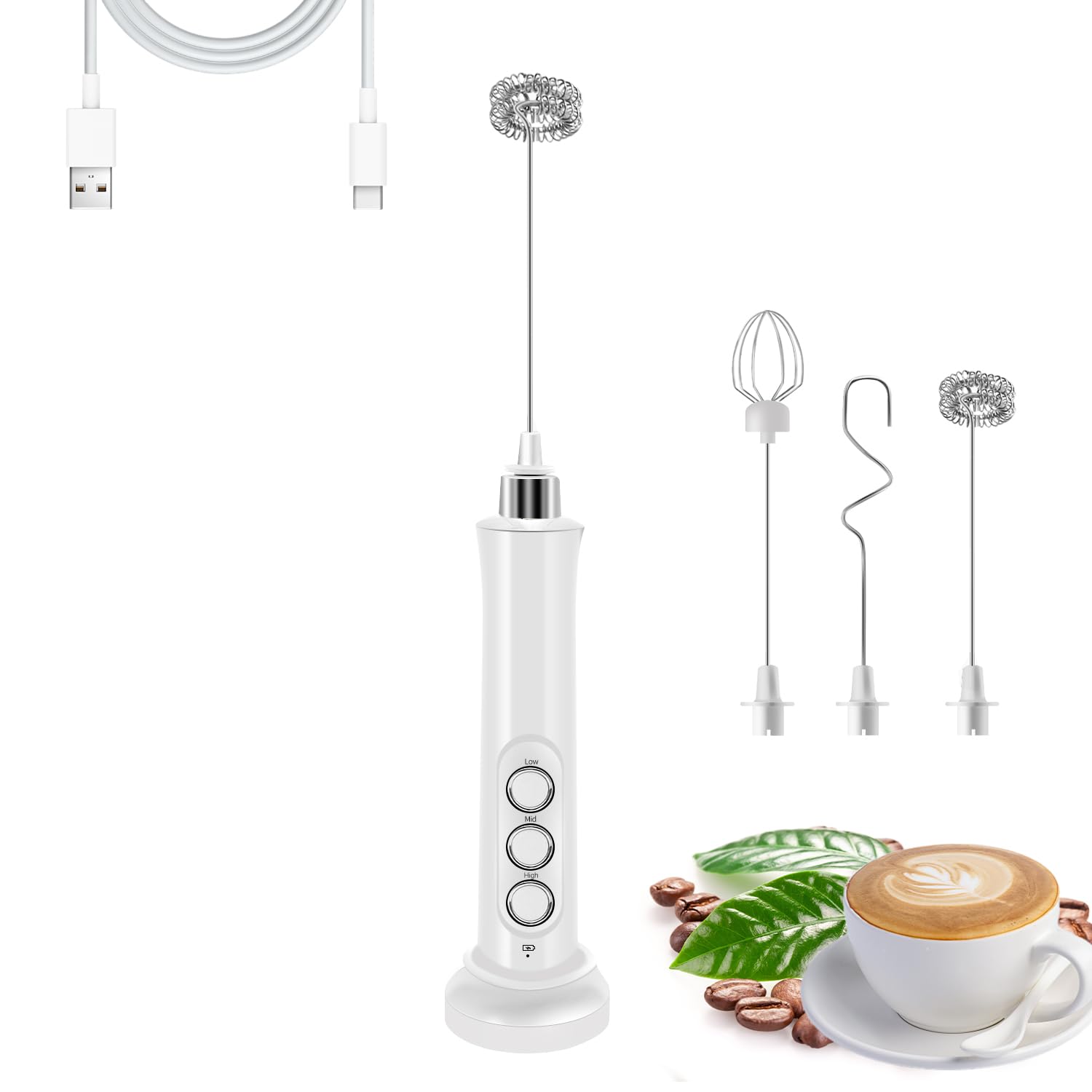 Rechargeable Milk Frother Handheld with 3 Detachable Stainless Steel Whisks, 3 Speed Adjustable Electric Whisk Foam Maker, Handheld Drink Mixer, Frother Wand for Coffee, with Storage and Charging Base