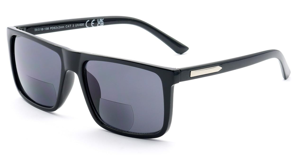 ZAVISH Bifocal Reading Sunglasses Sun Readers Tinted Glasses Mens Classic Square Designer Black Frame UV400 Grey Lens & Case +1.75
