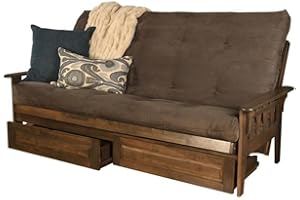 KODIAK FURNITURE Kodiak Tucson Queen Futon Frame with Storage Drawers - Wood Futon Set with Mattress Included in Suede Fabric Mattress (Gray/Walnut)