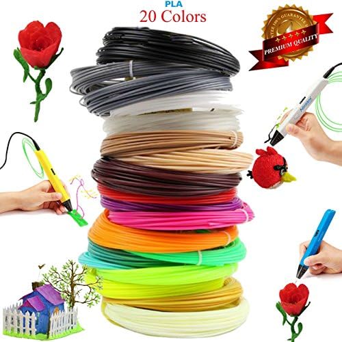 3D Pen / 3D Printer Filament PLA 1.75mm Plastic 328 Linear Feet. Pack of 20 Colors Filaments 16.4 ft Each. Each Color in a Separate Vacuum Sealed Pack for Easy use