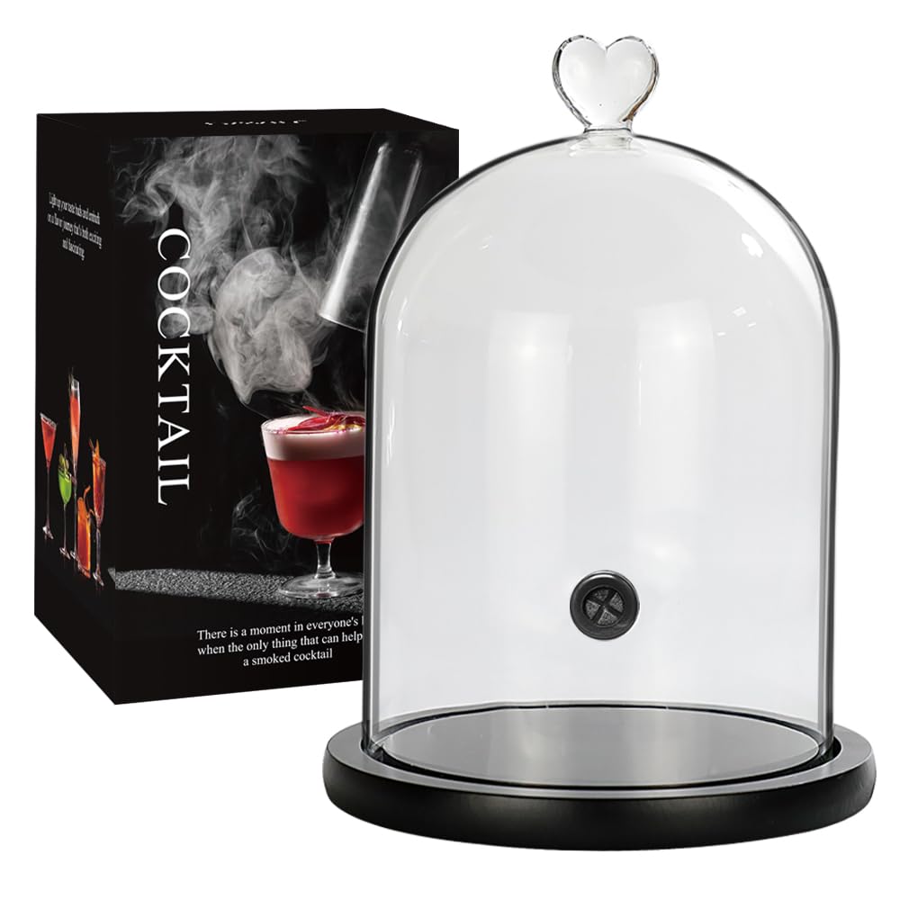 Photo 1 of Smoking Cloche For Food Drinks With Wood Base, Cocktails Smoke Infuser Accessory, Glass Dome for Smoker Gun, Clear dome cover