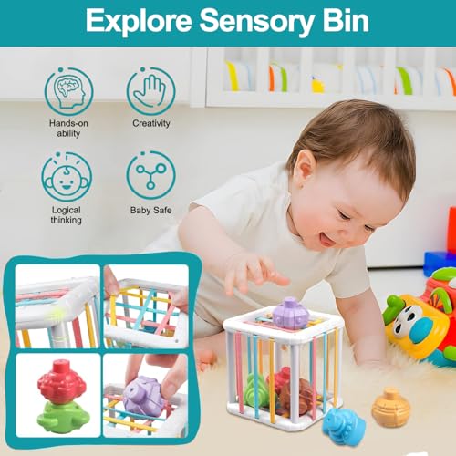 6-in-1 Baby Toys,28 PCS Montessori Toys for Babies,Stacking Blocks Rings Sensory Bin,Silicone Pull String Teething Toy Sorting Sensory Educational Learning Gift for Toddlers