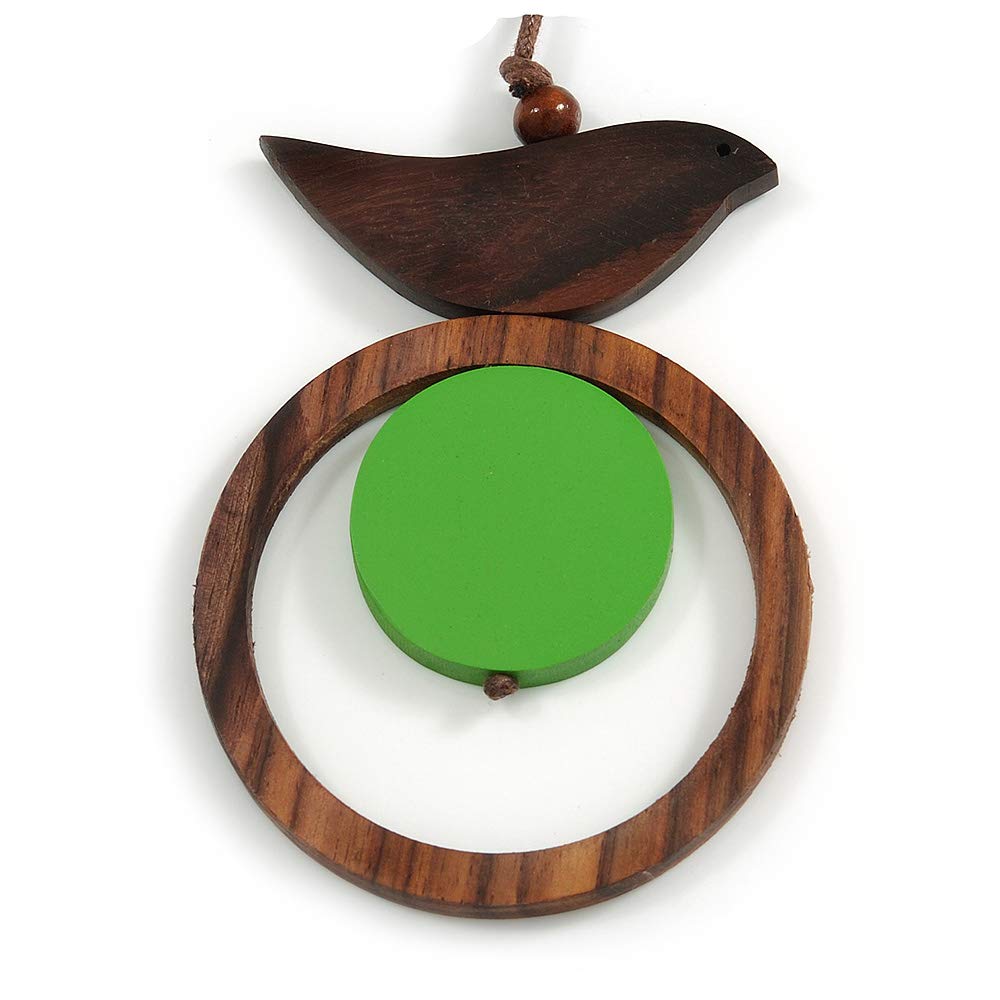 Avalaya Brown/Green Bird and Circle Wooden Pendant Cotton Cord Long Necklace - 84cm L/ 10cm Pendant