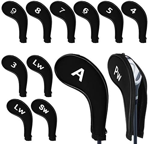 WIOR Golf Iron Head Covers, Neoprene Zippered Golf Wedge Iron Covers with Large Number Tags & Long Neck, Protective Golf Club Head Covers for Men Women, Fit for Most Standard Irons – Set of 12 – Black