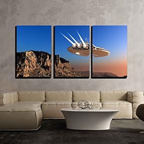 3 Piece Canvas Wall Art - Spacecraft Over The Mountainous Terrain of The Planet. - Modern Home Art Stretched and Framed Ready to Hang - 16"x24"x3 Panels