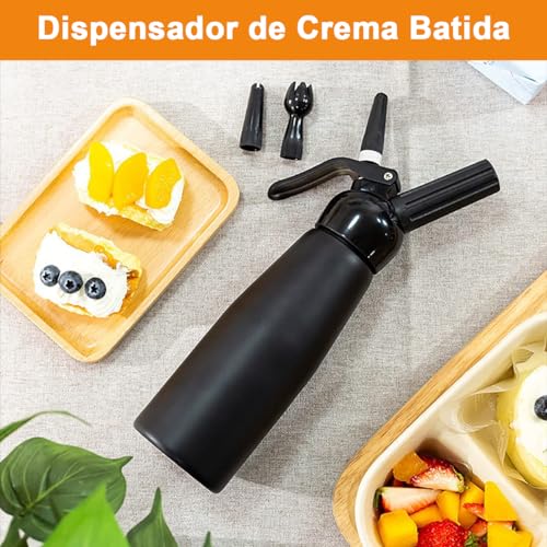 Dispensador de Crema Batida Sifón Crema Batida Máquina Profesional de Batir Crema, Fabricante Espuma de Batido con Sifón 3 Boquillas, Batidor de Crema para Cremas Hechas en Tarta Postre Café, 500ml