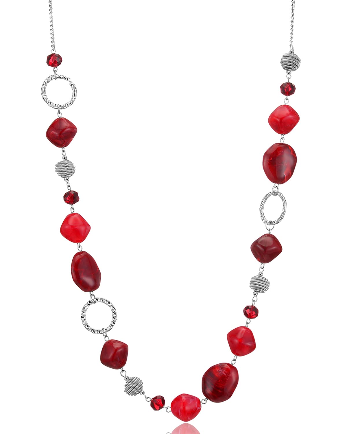 BULINLIN Beaded Long Silver Necklaces for Women, Handmade Statement Sweater Chain Necklace with Crystal Beads for Fashion Jewelry gifts(N19053-Dark light red)