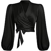 Floerns Women's Plus Size Wrap V Neck Satin Blouses Bow Tie Lantern Sleeve Business Casual Dressy Crop Silk Shirts