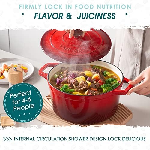 Cazuela Hierro Fundido para Horno, 26 cm 5 Litros Redonda Olla Antiadherente Anticorrosiva Esmalte con 2 Asas para Cocina Estofado, Paella, Freír, Asar, Saltear - Rojo