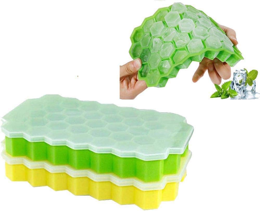 Ice Cube Trays,2 Pack Food Grade Silica Gel Flexible and BPA Free 74 Cubes Ice Trays with Lid Stackable Mini Cocktail Whiskey Ice Cube Mold Storage Containers-Green/Yellow