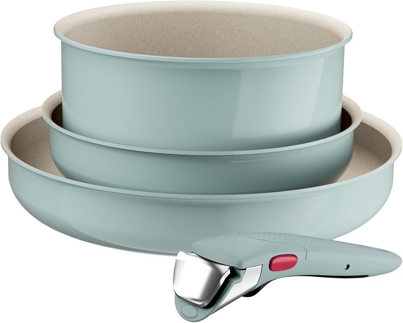 Ingenio Serenity - Conjunto de 2 Tabuleiros 22/28 cm + Panela 20 cm + Pega removível, revestimento antiaderente, Empilhável, Indução, Lavar loiça e forno, Eucalipto