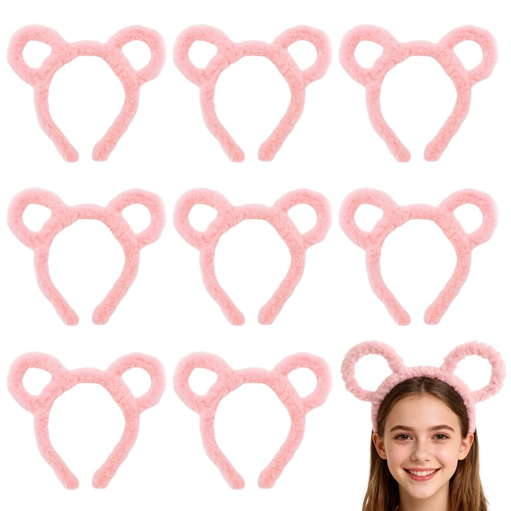 PyrrlicToy Bear Ears Headband for Women Girls 8Pcs Cute Cartoon Ear Headbands Bear Ears Hair Band Bear Ears Plush Hair Hoop for Masquerade, Party, Daily Dress Up, Photography, Cosplay(Pink)