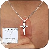 FaithHeart Stainless Steel Small Mom Cross Necklace for Women - Silver/Gold Dainty Faith Christian Pendant Necklaces with Message Card, Religious Jewelry Gifts for Mother Birthday