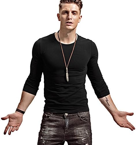 lalazaba Fitting Men Soft Stretchy Long Sleeves Athletic Muscle Cotton T Shirt (Medium, Black)